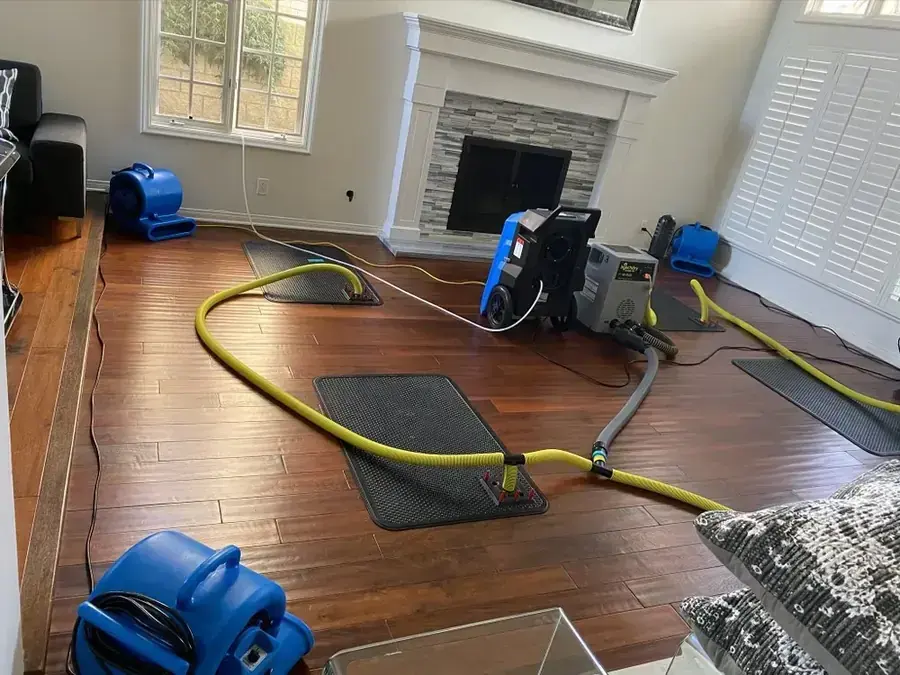 Air movers and a hardwood floor drying system running in a Charlotte living room