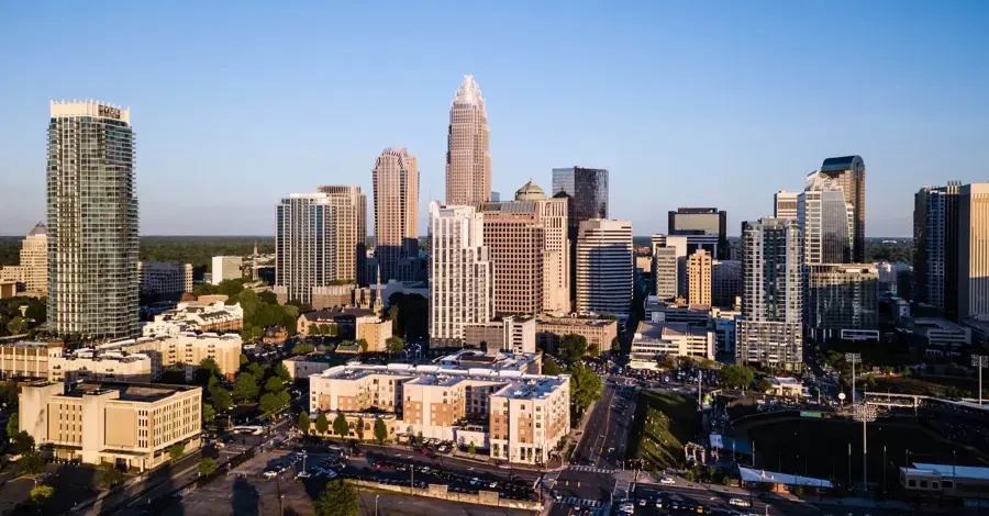 Uptown Charlotte skyline and surrounding neighborhoods from above