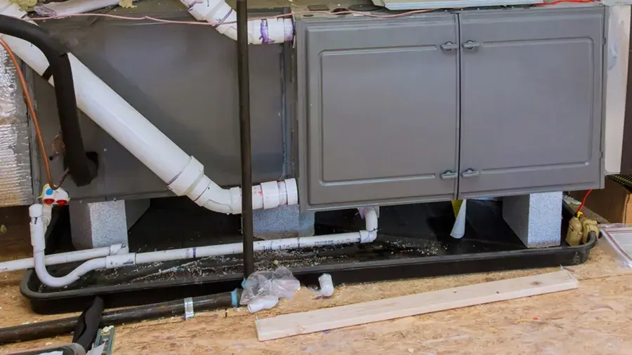 Air handler with condensate drain lines and a drain pan in a Charlotte attic