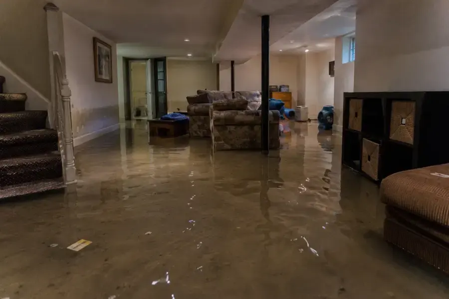 Standing water across a finished basement living area