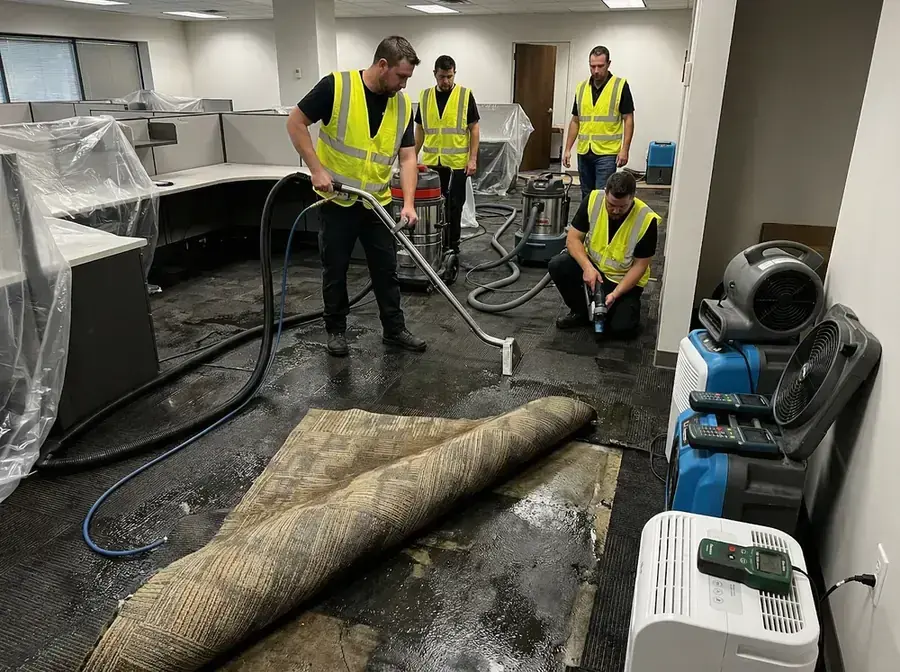 Crew extracting water from office carpet with drying equipment staged nearby