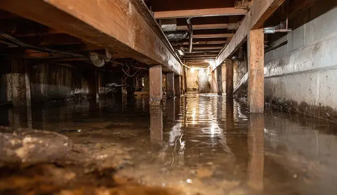 Standing water under the floor joists of a flooded Charlotte crawl space