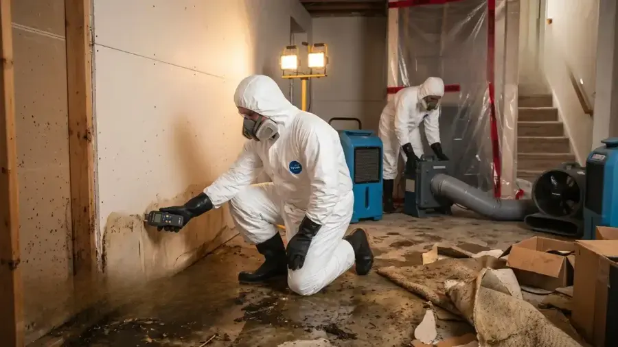 Workers in protective suits cleaning a sewage-contaminated basement inside containment