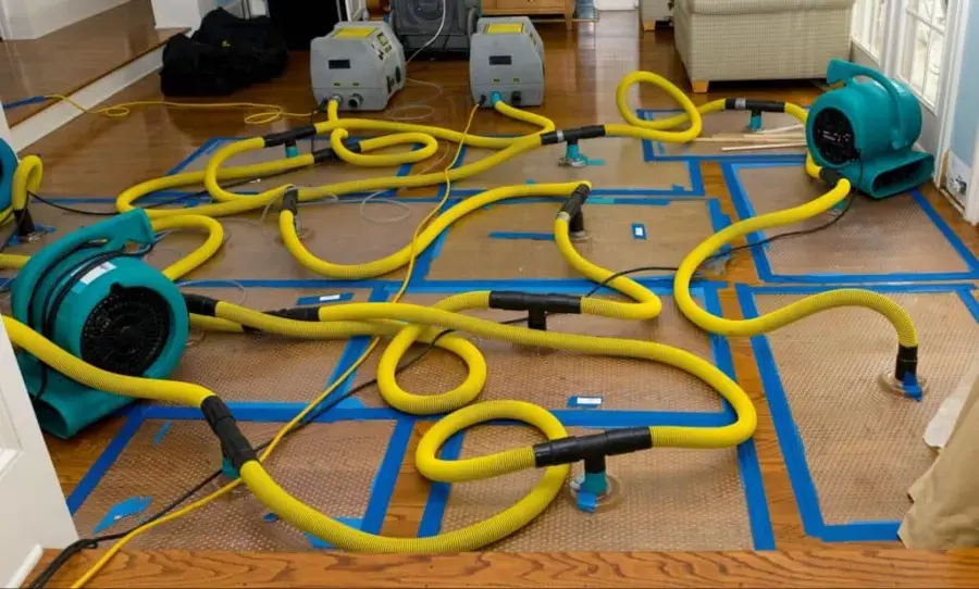 Air movers and a floor drying system taped over wet hardwood